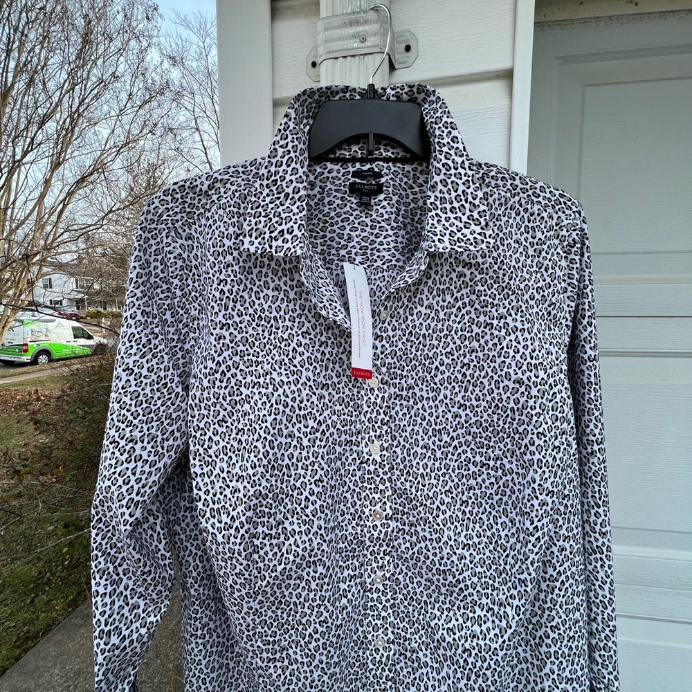 NWT Talbots Fun Gray Black Leopard Wrinkle Resistant Long Sleeve Blouse